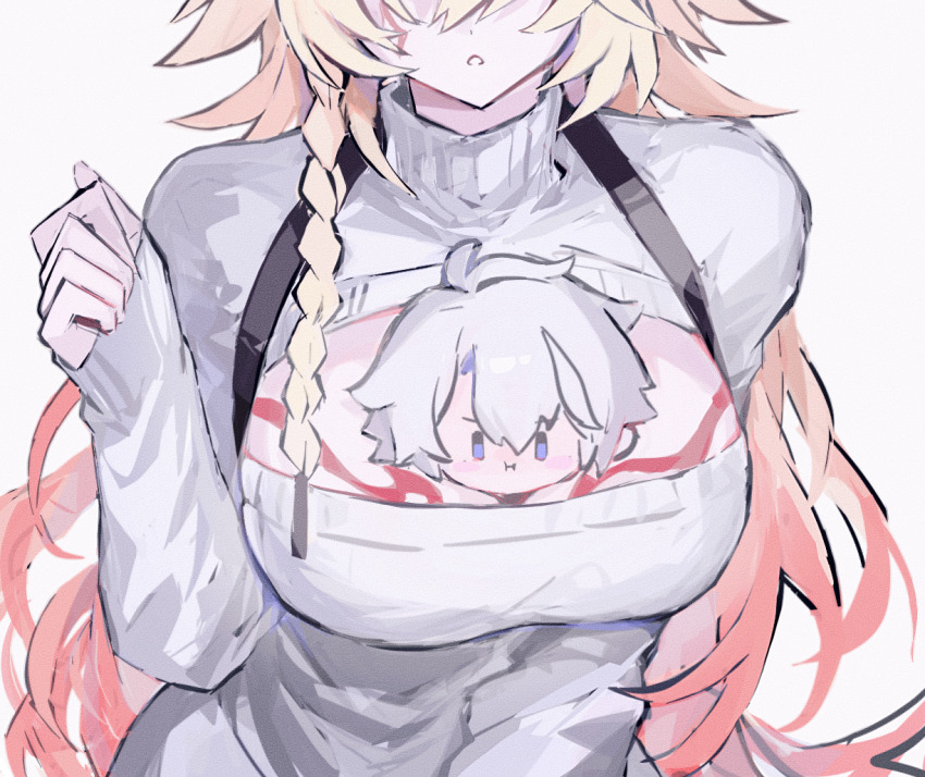 1boy 1girl antenna_hair between_breasts blonde_hair blue_eyes braid breast_tattoo breasts character_doll cleavage_cutout clothing_cutout doll dress facial_tattoo genderswap genderswap_(mtf) gradient_hair honkai:_star_rail honkai_(series) large_breasts long_hair mini_person miniboy multicolored_hair mydei_(honkai:_star_rail) phainon_(honkai:_star_rail) red_hair red_tattoo short_hair side_braid sweater sweater_dress tattoo turtleneck turtleneck_sweater tydjd071 white_dress white_hair