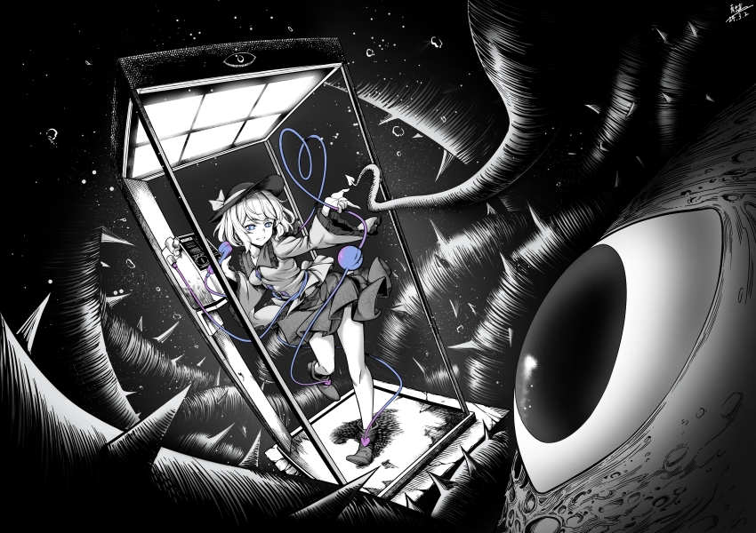1girl absurdres dated greyscale hat hat_ribbon heart heart_of_string highres komeiji_koishi long_sleeves monochrome outdoors phone_booth qingwa_chi_she ribbon shoes short_hair signature skirt third_eye thorns touhou