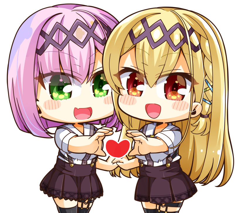 2girls :d absurdres arihara_nanami black_hairband black_thighhighs blonde_hair blunt_ends blush_stickers bob_cut braid brown_skirt chibi chibi_only collared_shirt commentary_request company_connection cosplay cowboy_shot crossover eyes_visible_through_hair fang green_eyes hair_between_eyes hair_ornament hairband hairclip happy heart heart_hands heart_hands_duo heart_in_heart_hands high-waist_skirt highres holding_hands interlocked_fingers long_hair medium_hair multiple_girls o-ring o-ring_thigh_strap open_mouth pleated_skirt red_eyes riddle_joker shiroimaru shirt short_sleeves simple_background single_braid skin_fang skirt smile straight_hair suspender_skirt suspenders tanikaze_amane tanikaze_amane_(cosplay) tenshi_souzou_re-boot! thigh_strap thighhighs trait_connection tsurime white_background white_shirt x_hair_ornament yuzu-soft zettai_ryouiki
