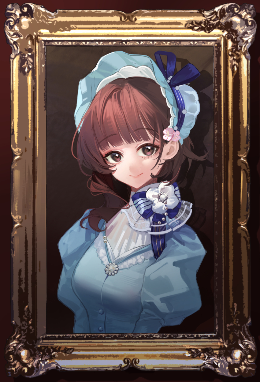 1girl absurdres blue_dress blue_hat blunt_bangs bonnet brown_background brown_eyes brown_hair dress drill_hair drill_sidelocks flower hair_flower hair_ornament hat highres juliet_sleeves kuroja long_sleeves looking_at_viewer neck_flower official_alternate_costume picture_frame pink_flower puffy_sleeves reverse:1999 satsuki_(reverse:1999) shadow short_hair sidelocks single_sidelock smile solo upper_body white_flower