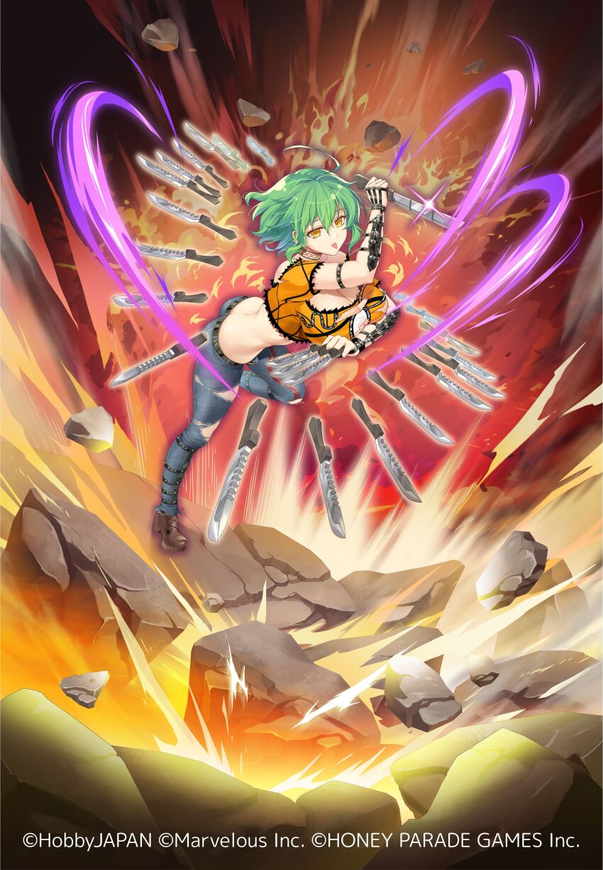 1girl absurdres ass belt breasts cleavage copyright_notice denim floating floating_object green_hair highres hikage_(senran_kagura) hobbyjapan jeans knife large_breasts looking_at_viewer machete marvelous midair official_art open_belt pants queen&#039;s_blade queen&#039;s_blade_unlimited senran_kagura slit_pupils snake_print solo tattoo tongue tongue_out torn_clothes torn_jeans torn_pants yellow_eyes