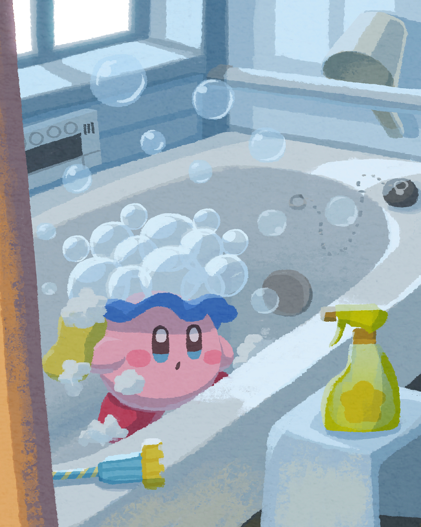 :o bathtub blue_eyes blush blush_stickers bottle bubble bubble_kirby cleaning commentary_request copy_ability full_body highres holding holding_sponge indoors kirby kirby_(series) miclot nintendo no_humans parted_lips red_footwear shoes shower_cap shower_curtain soap_bubbles sponge spray_bottle standing star_(symbol) stool window