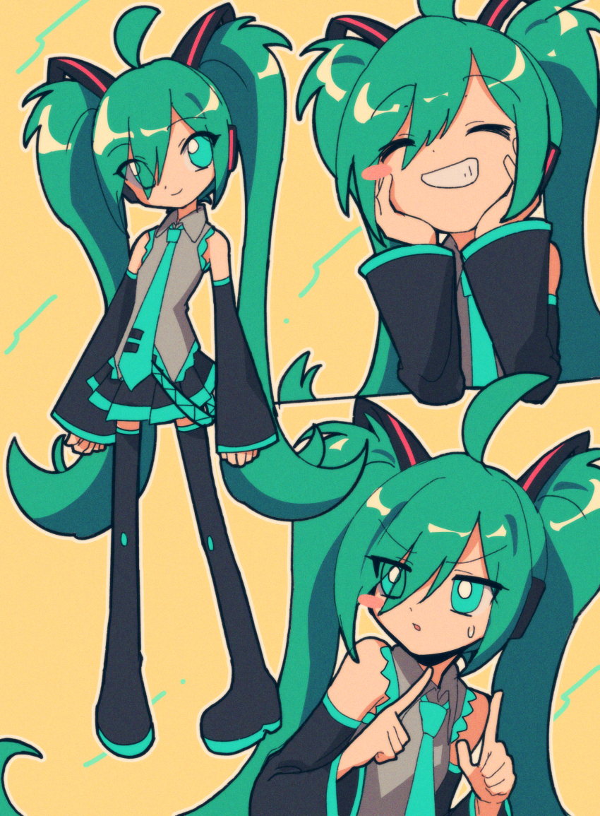 1girl absurdres ahoge aqua_eyes aqua_hair aqua_necktie aqua_skirt bare_shoulders black_shoes black_skirt blush_stickers boots bright_pupils closed_eyes collared_shirt commentary detached_sleeves full_body grey_shirt grin hair_ornament hands_on_own_cheeks hands_on_own_face hatsune_miku highres mcdonald&#039;s multiple_views necktie nzeneee shakacat shirt shoes single_blush_sticker skirt smile teeth thigh_boots upper_body vocaloid