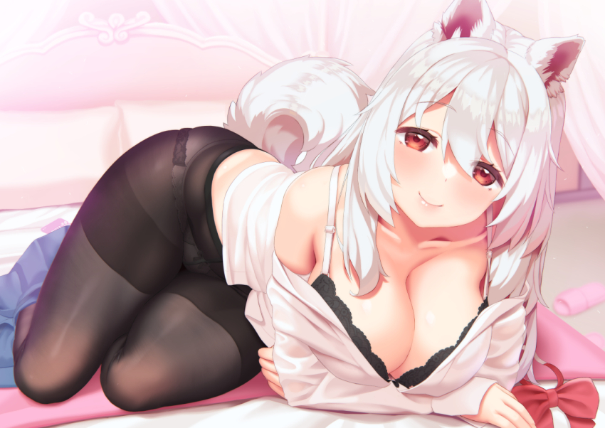 1girl animal_ears black_pantyhose bra breasts cleavage dog_ears dog_tail hanging_breasts large_breasts long_hair looking_at_viewer lying off_shoulder original panties panties_under_pantyhose pantyhose pleated_skirt red_eyes shirt skirt skirt_around_ankles smile solo tachimi_(basue) tail underwear white_hair white_shirt