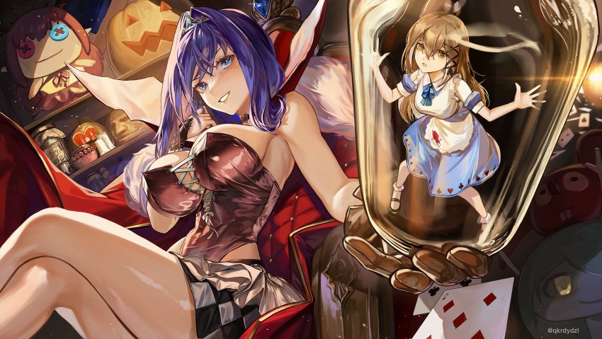 2girls ahoge alice_(alice_in_wonderland) alice_(alice_in_wonderland)_(cosplay) alice&#039;s_adventures_in_wonderland alternate_costume apron bare_legs blue_dress blue_eyes blue_hair bodice brown_eyes brown_gloves brown_hair card ceres_fauna checkered_clothes club_(shape) cosplay crown diamond_(shape) dollrys_(irys) dress evil_grin evil_smile foreshortening fur_collar giraffe_fauna gloves grin hair_intakes hair_ribbon hakos_baelz halloween_baelz heart highres hololive hololive_english irys_(hololive) jack-o&#039;-lantern jar lens_flare long_hair looking_at_viewer mini_person minigirl miniskirt moai multicolored_hair multiple_girls nanashi_mumei ouro_kronii parted_lips playing_card queen_of_hearts_(alice_in_wonderland) queen_of_hearts_(alice_in_wonderland)_(cosplay) ribbon santafe99 short_hair skirt smile spade_(shape) streaked_hair throne trapped very_long_hair virtual_youtuber wing_collar