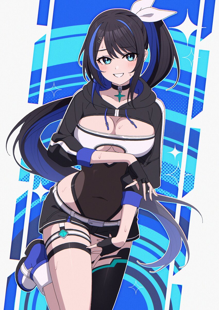 1girl absurdres alyssa_(specktech) aoi_suzu asymmetrical_legwear belt black_choker black_gloves black_hair black_shorts black_shrug black_thighhighs blue_eyes blue_hair blush breasts choker cleavage commission covered_navel gloves grin highres large_breasts long_hair long_sleeves looking_at_viewer multicolored_hair original second-party_source shorts shrug_(clothing) single_sock single_thighhigh skeb_commission smile socks solo standing standing_on_one_leg thighhighs two-tone_hair white_belt white_socks
