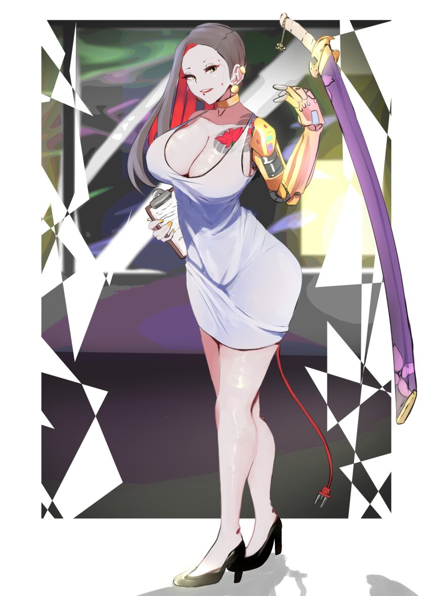 1girl black_footwear breasts cleavage clipboard commentary dress earclip english_commentary floating floating_object floating_weapon full_body gold_choker grey_background grey_dress grey_hair high_heels highres holding holding_clipboard joints katana large_breasts long_hair looking_at_viewer mechanical_arms open_mouth original red_hair robot_joints short_dress single_mechanical_arm sleeveless sleeveless_dress smile solo standing sword weapon weeze