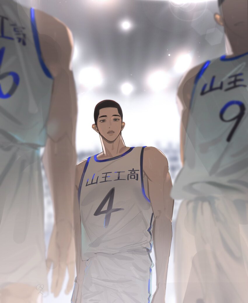 1boy basketball_court basketball_jersey basketball_uniform black_eyes black_hair buzz_cut cow cowboy_shot fukatsu_kazunari head_out_of_frame highres indoors looking_at_another male_focus matsumoto_minoru ood_do0 out_of_frame overhead_lights parted_lips sawakita_eiji short_hair shorts slam_dunk_(series) solo sportswear sweat tank_top toned toned_male very_short_hair white_shorts white_tank_top