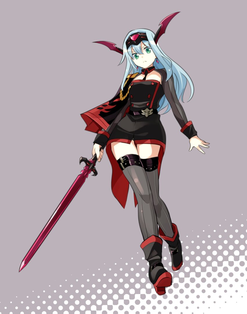 1girl absurdres alternate_costume black_boots black_dress blue_hair boots dress earrings green_eyes grey_background grey_thighhighs hairband head_wings highres holding holding_sword holding_weapon jewelry kato_takuji long_hair long_sleeves ma_no_mono-tachi melisha_(ma_no_mono-tachi) side_cape simple_background solo sword thighhighs weapon wings
