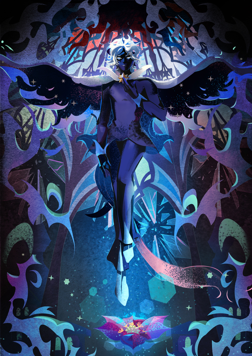 1boy absurdres bandal blue_eyes blue_fire blue_hair blue_skin capelet colored_skin cookie_run cookie_run:_kingdom fire full_body highres humanization light_blue_hair looking_at_viewer multicolored_hair short_hair solo star_(symbol) stardust_cookie two-tone_hair white_capelet white_hair wings