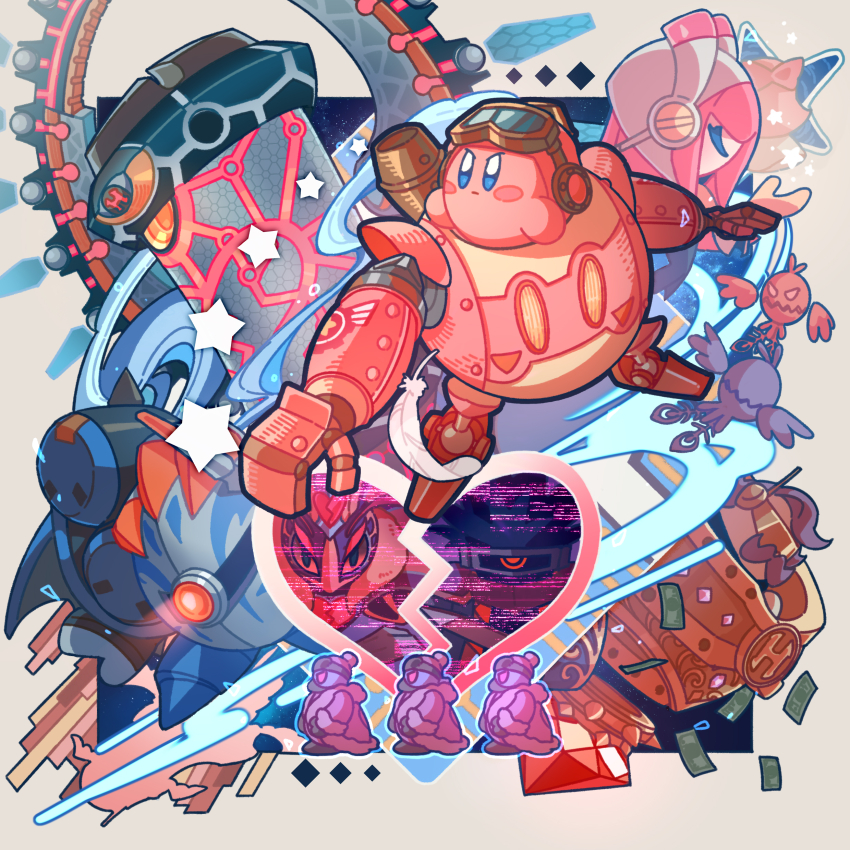 2girls 4boys absurdres banknote blue_eyes business_suit_(kirby) closed_eyes colored_skin dark_matter_(kirby) diamond_(shape) feathers gem glef_life goggles goggles_on_head heart highres king_dedede kirby kirby:_planet_robobot kirby_(series) max_profitt_haltmann mecha_knight meta_knight money multiple_boys multiple_girls nintendo non-humanoid_robot pink_skin queen_sectonia red_gemstone robobot_armor robot sphere_doomer star_(symbol) star_dream susie_(kirby) v-shaped_eyebrows white_background white_feathers