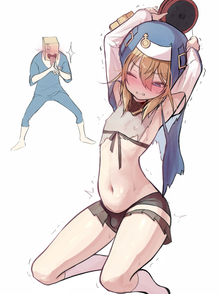 2boys armpits arms_up aroused azulasi bag bag_over_head barefoot bike_shorts black_skirt blonde_hair blue_eyes blue_pants blue_shirt blue_veil blush bridget_(guilty_gear) bulge capri_pants clenched_teeth commentary_request covered_erect_nipples cross crossdressing crossdressing_(mtf) detached_sleeves erection erection_under_clothes faust_(guilty_gear) foot_out_of_frame grey_shirt guilty_gear guilty_gear_strive hair_between_eyes highres holding kanchou kneehighs kneeling legs_apart long_sleeves long_tongue male_focus mars_symbol medical_scrubs medium_hair microskirt multiple_boys navel no_shoes nose_blush open_mouth own_hands_together pants paper_bag pervert pleated_skirt red_cross shirt simple_background skirt socks solo_focus sparkle standing stomach sweatdrop teeth thighs three-quarter_sleeves tight_clothes tight_shirt tongue tongue_out torn_bike_shorts torn_clothes torn_shirt torn_skirt torn_veil twitching v-shaped_eyebrows veil white_background white_sleeves white_socks wince yaoi yo-yo