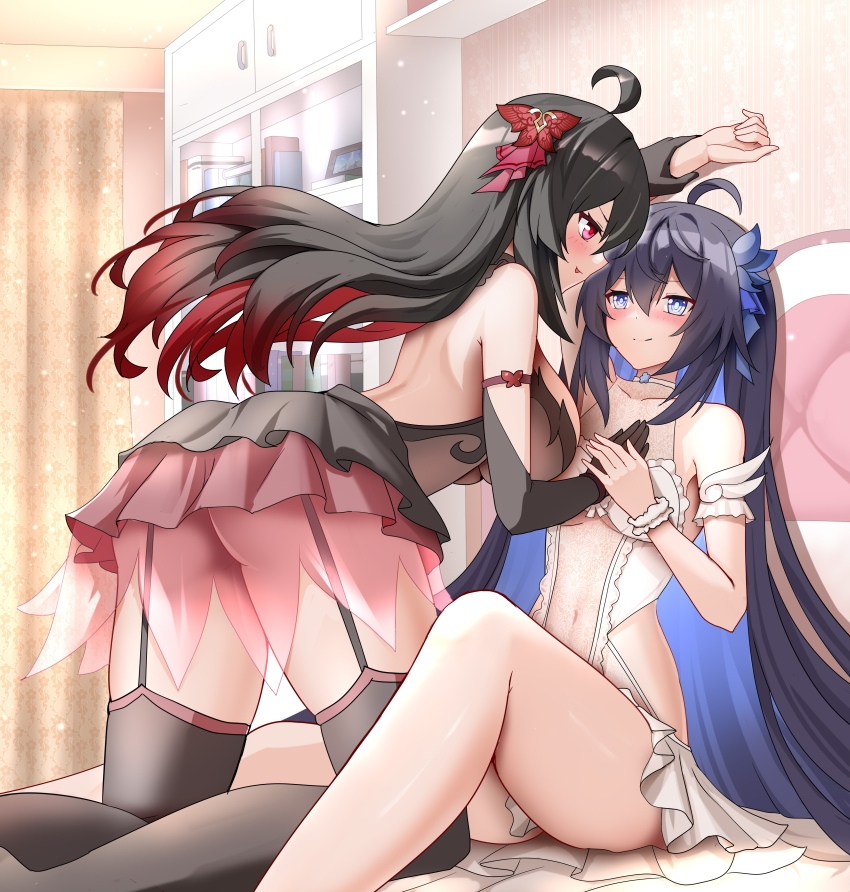 2girls absurdres armband backless_dress backless_outfit bedroom black_hair black_thighhighs blue_eyes blush book bookshelf breasts butterfly_hair_ornament cabinet closed_mouth colored_inner_hair curtains dress garter_straps hair_ornament hand_over_another&#039;s_hand highres holding_another&#039;s_wrist honkai_(series) honkai_impact_3rd kneeling large_breasts long_hair medium_breasts multicolored_hair multiple_girls navel on_bed picture_frame red_armband red_eyes red_hair red_skirt seele_(alter_ego) seele_vollerei seele_vollerei_(herrscher_of_rebirth) seele_vollerei_(starchasm_nyx) selfcest sitting skirt thighhighs tongue tongue_out two-tone_hair very_long_hair white_dress yuri zhihe_box