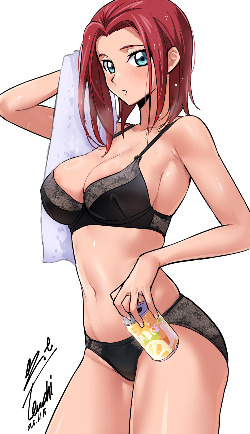 1girl absurdres black_bra black_panties bra breasts can code_geass commentary cowboy_shot dated drink_can drying drying_hair green_eyes highres holding holding_can holding_towel kouzuki_kallen large_breasts legs_together light_blush looking_at_viewer medium_hair navel panties parted_lips red_hair shiny_skin signature simple_background solo standing steam towel underwear underwear_only water_drop wet wet_hair white_background yoo_tenchi