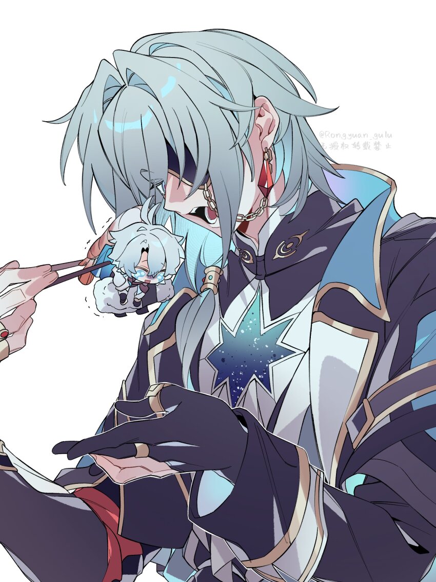 2boys absurdres anaxa_(honkai:_star_rail) antenna_hair aqua_hair armor artist_name black_boots black_gloves black_jacket blue_eyes blue_hair blue_jacket boots chain chopsticks colored_inner_hair crying crying_with_eyes_open crystal_earrings earrings eyepatch fingerless_gloves fish_(food) food gloves gold_chain gold_ring greco-roman_clothes hair_between_eyes hair_ornament hands_up highres holding holding_chopsticks honkai:_star_rail honkai_(series) jacket jewelry lapels long_hair long_sleeves looking_down low_ponytail male_focus mandarin_collar mini_person miniboy multicolored_hair multiple_boys multiple_rings nigirizushi open_clothes open_jacket open_mouth partially_fingerless_gloves phainon_(honkai:_star_rail) ponytail rice ring rongyuan_gulu shirt short_hair shoulder_armor simple_background single_earring streaming_tears sushi tears teeth textless_version trembling two-sided_fabric two-sided_jacket upper_body white_background white_jacket white_shirt