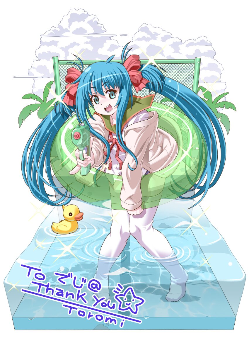 1girl :d absurdres aiming aiming_at_viewer aqua_eyes artist_name blue_hair blue_one-piece_swimsuit bow cardigan commentary commission commissioner_name digitan english_commentary full_body green_sailor_collar hair_bow highres holding holding_swim_ring holding_water_gun innertube long_hair long_sleeves looking_at_viewer mixed-language_commentary neck_ribbon no_pants no_shoes one-piece_swimsuit open_cardigan open_clothes open_mouth original pink_bow red_ribbon ribbon sailor_collar school_uniform second-party_source shirt skeb_commission smile solo standing swim_ring swimsuit swimsuit_under_clothes thank_you thighhighs toromi_(toromix2) twintails very_long_hair wading water_gun white_shirt white_thighhighs yellow_cardigan
