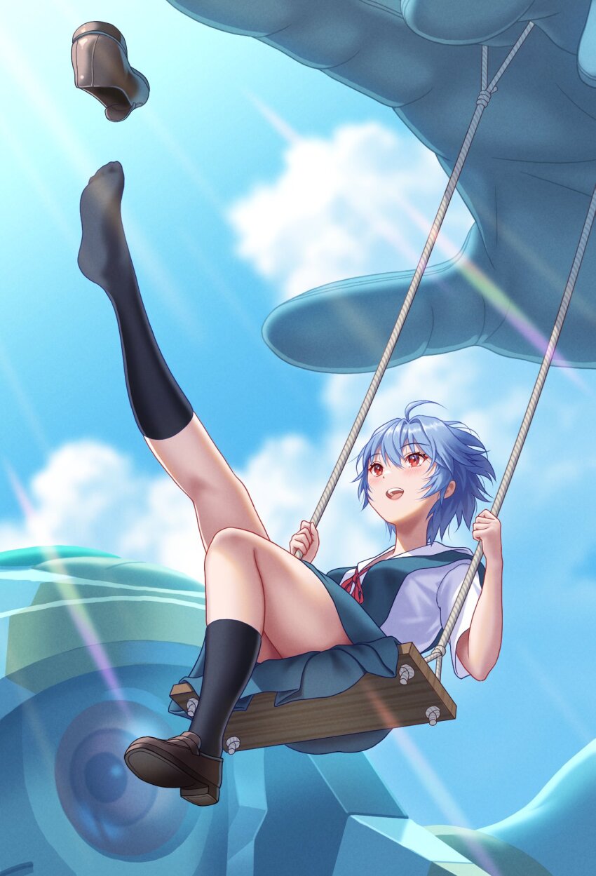 1girl ayanami_rei black_socks blue_hair brown_footwear cyclops eva_00 evangelion_(mecha) happy highres mecha neon_genesis_evangelion one-eyed red_eyes red_ribbon ribbon robot school_uniform shoe_loss shoes short_hair socks tokyo-3_middle_school_uniform unworn_shoe unworn_shoes yahha