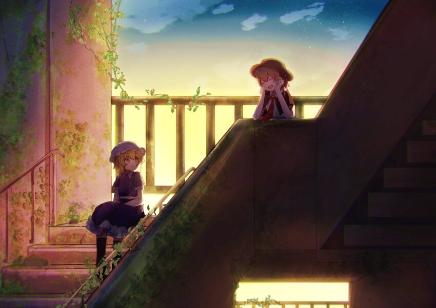 2girls abandoned black_capelet black_hat black_socks blonde_hair bow brown_hair capelet closed_eyes closed_mouth collared_shirt commentary_request crack cracked_floor cracked_wall dress dusk feet_out_of_frame frilled_dress frilled_sleeves frills hair_bow handrail hands_on_own_cheeks hands_on_own_face hands_on_own_thighs hat highres kneehighs leaf looking_at_another maribel_hearn medium_hair mob_cap multiple_girls nantai_73 neck_ribbon necktie open_mouth outdoors plant purple_dress railing red_necktie ribbon shirt short_sleeves sitting sitting_on_stairs smile socks stairs star_(sky) sunlight touhou turning_head upper_body usami_renko vines waist_ribbon white_bow white_hat white_shirt yellow_eyes