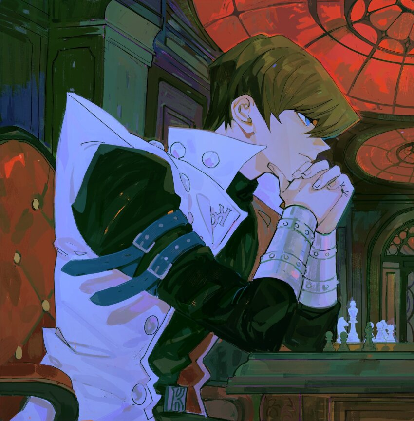 1boy azolitmin bishop_(chess) black_shirt blue_eyes board_game brown_hair chair chess chess_piece coat elbow_on_table highres indoors kaiba_seto king_(chess) knight_(chess) on_chair pawn_(chess) shirt short_hair sitting social_media_composition solo table thumbnail_collage upper_body white_coat yu-gi-oh! yu-gi-oh!_duel_monsters
