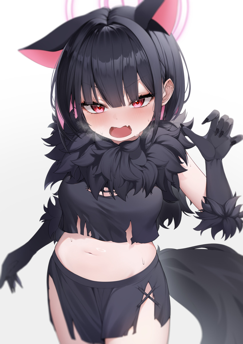 1girl absurdres animal_ears black_gloves black_hair black_skirt blue_archive blush cat_ears cat_girl claws commentary_request fur-trimmed_gloves fur_scarf fur_trim gloves hand_up highres kazusa_(blue_archive) kazusa_(halloween)_(blue_archive) looking_at_viewer navel pink_hair short_hair simple_background single_ear_down skirt solo stomach tail wendao werewolf_costume white_background wolf_tail