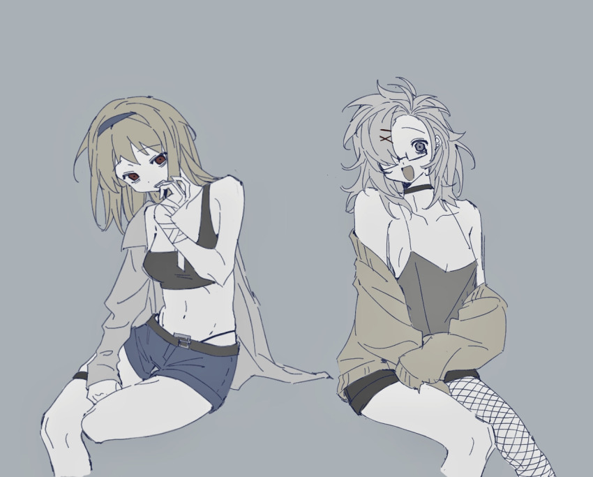 2girls atou_haruki bandaged_arm bandages bare_shoulders belt black_belt black_bra black_choker black_hairband black_shorts blonde_hair blue_shorts bra breasts brown_cardigan camisole cardigan chinese_commentary choker commentary_request fishnet_pantyhose fishnets genderswap genderswap_(mtf) glasses grey_background grey_camisole grey_eyes grey_hair grey_jacket hair_ornament hair_over_one_eye hairband hairclip highleg highleg_panties honghuguiqv invisible_chair jacket kanou_aogu long_hair long_sleeves medium_breasts multiple_girls navel open_cardigan open_clothes open_mouth pale_skin panties pantyhose rectangular_eyewear red_eyes saibou_shinkyoku semi-rimless_eyewear shirt_partially_removed short_shorts shorts simple_background single_leg_pantyhose sitting sleeves_past_fingers sleeves_past_wrists smile thigh_strap underwear x_hair_ornament