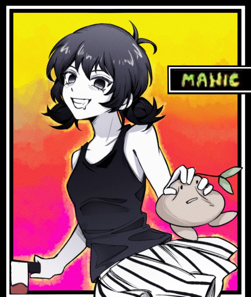 1girl antenna_hair bare_arms bare_legs bare_shoulders black_border black_eyes black_tank_top border breasts collarbone colored_skin commentary_request drooling genderswap genderswap_(mtf) grin hair_between_eyes highres holding holding_knife knife looking_at_viewer low_twintails miniskirt mouth_drool niu_tata omori omori_(omori) orange_background outline outside_border pink_background pleated_skirt short_hair simple_background skirt small_breasts smile solo sprout_mole striped_clothes striped_skirt tank_top twintails upper_body vertical-striped_clothes vertical-striped_skirt white_skin white_skirt yellow_background yellow_outline