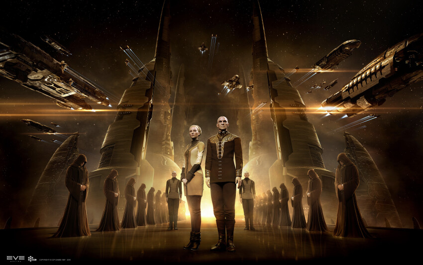 1girl 3d 6+boys abaddon_(eve_online) archon_(eve_online) attack_ship_(eve_online) autodesk_3ds_max_(medium) bald battlecruiser_(eve_online) battleship_(eve_online) black_footwear black_pants blonde_hair boots breasts brown_robe building capital_ship_(eve_online) carrier carrier_(eve_online) closed_mouth combat_ship_(eve_online) company_logo company_name copyright_name crossed_arms cruiser_(eve_online) dark_background dated destroyer_(eve_online) droneboat_(eve_online) eve_online fleet flying full_body glowing heavy_fighter_(eve_online) highres hood hood_up hooded_robe jacket light_fighter_(eve_online) lips logo maya_(medium) medium_breasts military_vehicle multiple_boys nebula night night_sky nose official_art omen_(eve_online) pants prophecy_(eve_online) realistic reflective_floor robe scenery science_fiction shirt short_hair sky spacecraft standing star_(sky) starfighter starry_sky support_ship_(eve_online) thrusters undoz very_short_hair yellow_theme zbrush_(medium)
