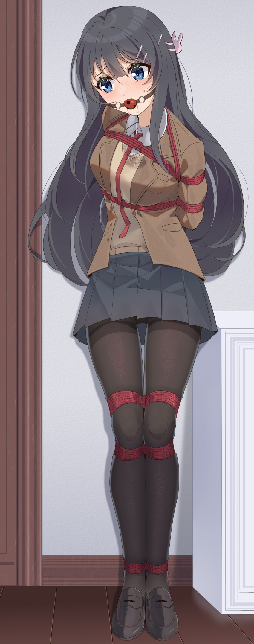 1girl absurdres arms_behind_back ball_gag bdsm black_pantyhose blue_eyes bondage bound chinese_commentary commentary ddt_(darktrident) drooling gag gagged grey_hair highres indoors loafers long_hair necktie pantyhose pleated_skirt restrained sakurajima_mai saliva school_uniform seishun_buta_yarou shibari shibari_over_clothes shoes skindentation skirt solo standing wiffle_gag
