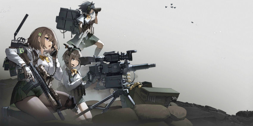 3girls 40x53mm_hv 40x53mm_hv_heab_mk285 airburst_grenade_launcher airburst_round ammunition ammunition_belt ammunition_pouch an/pas-13 anti-materiel_cartridge artist_request assault_rifle automatic_grenade_launcher binoculars bird blue_hair bow bowtie brown_hair computerized_scope crew-served_weapon earmuffs explosive explosive_weapon flying girls&#039;_frontline gloves green_skirt grenade grenade_cartridge grenade_launcher grey_eyes grey_hair gun headset high-explosive_cartridge highres l2_night_vision lightweight_video_sight microphone military_cartridge mk285 mk_47_(girls&#039;_frontline) mk_47_striker multiple_girls official_art pouch precision-guided_firearm precision-guided_munition purple_eyes rifle sandbag satellite_phone scope shirt sight_(weapon) skirt smart_grenade smart_scope socks thermal_weapon_sight walkie-talkie weapon white_shirt
