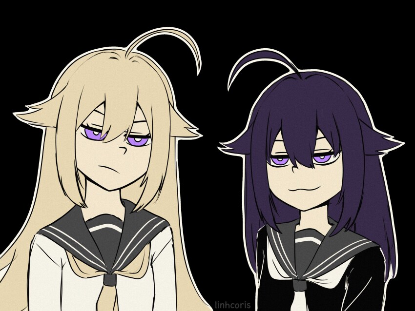 absurdres blonde_hair bright_pupils highres hino_minami_high_school_uniform implied_incest koshi_anko_(shikanoko) koshi_torako linhcoris long_hair long_sleeves multiple_girls neckerchief nemlei_(style) parody purple_eyes purple_hair sailor_collar school_uniform serafuku shikanoko_nokonoko_koshitantan shirt siblings smile the_coffin_of_andy_and_leyley white_pupils white_shirt yuri
