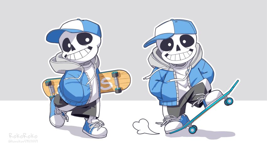1boy artist_name baseball_cap black_shorts blue_jacket blue_shoes grey_background grin hat highres hollow_eyes jacket korokor59513559 male_focus multiple_views sans_(undertale) shoes shorts skate skating smile solo teeth twitter_username undertale white_background