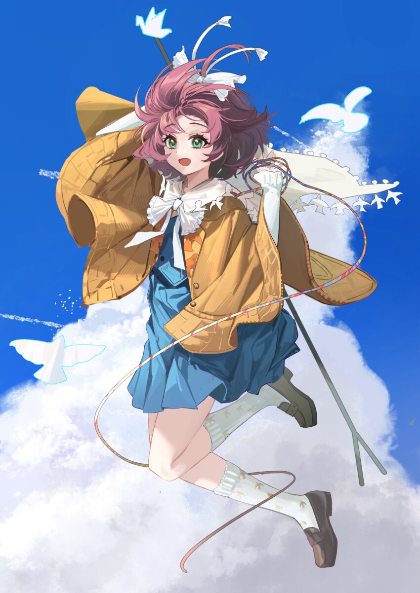 1girl :d absurdres arm_up blonde_hair blue_eyes blue_skirt blue_sky blue_vest bow bowtie brown_cloak brown_shoes cape cloak cloud floating_hair flutterpage full_body hair_bow hands_up highres holding holding_rod holding_rope jumping kuroja leg_up loafers miniskirt open_mouth origami paper_crane pleated_skirt reverse:1999 rod rope shoes short_hair skirt sky smile socks solo vest white_bow white_bowtie white_cape white_socks