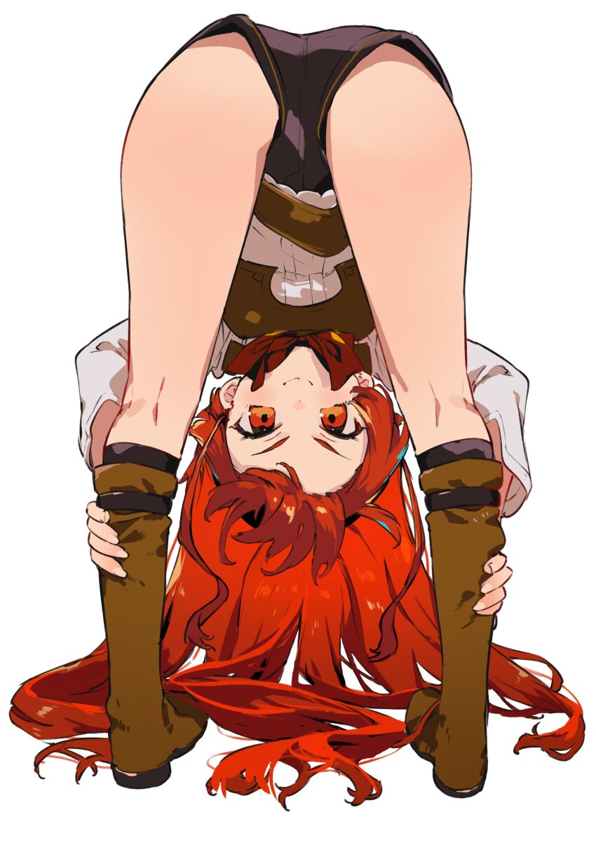 1girl absurdres black_shorts boots breasts brown_boots c: eris_greyrat full_body highres knee_boots long_hair looking_at_viewer looking_through_own_legs mokkori mushoku_tensei neck_ribbon red_eyes red_hair red_ribbon ribbon shirt short_shorts shorts simple_background small_breasts smile solo three-quarter_sleeves v-shaped_eyebrows white_background white_shirt