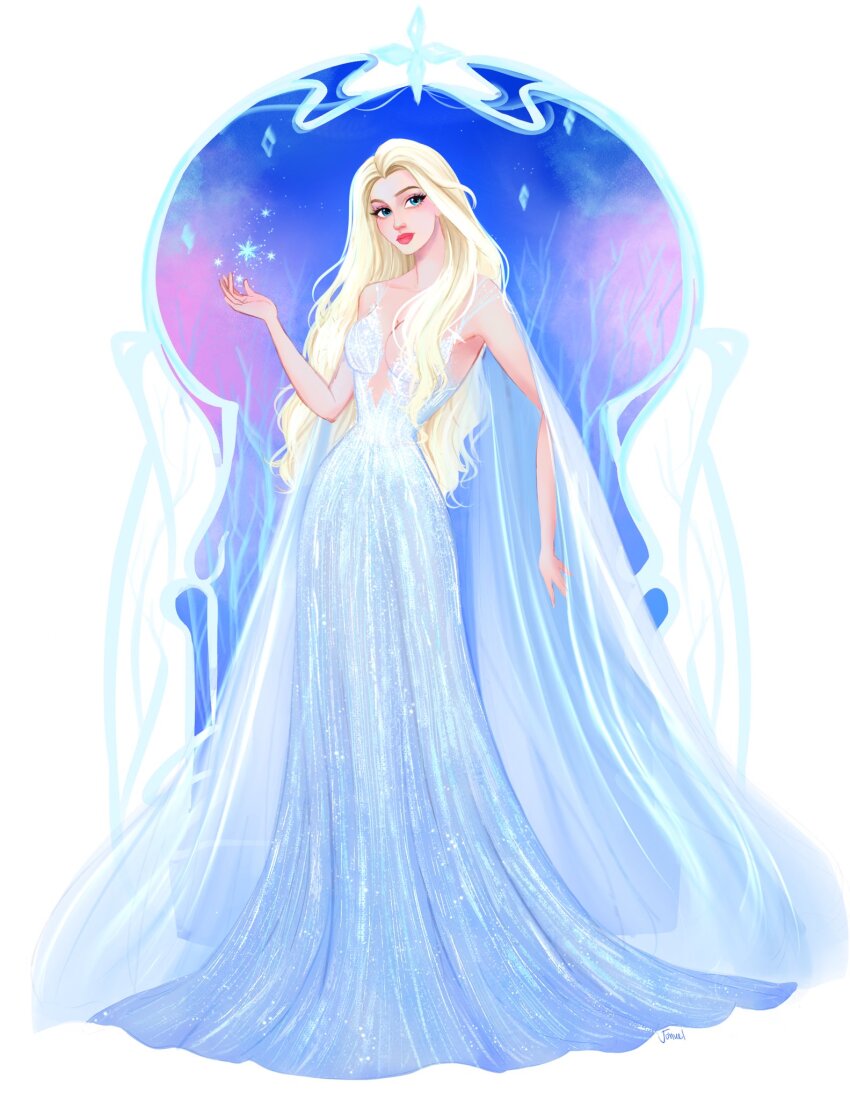 1girl blonde_hair blue_dress blue_eyes breasts cleavage closed_mouth commentary dress elsa_(frozen) english_commentary frozen_(disney) full_body highres jonuelsketch long_dress long_hair makeup mascara pink_lips solo