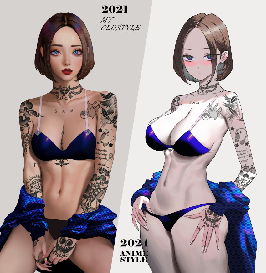 1girl absurdres arm_tattoo artist_progress blue_bra blue_panties blue_shirt bra brain breasts brown_hair cleavage closed_mouth collarbone comparison cowboy_shot dated english_text eyeshadow fingernails game_freak gen_1_pokemon grey_background hexagon_print highres kirby kirby_(series) korean_text large_breasts lipstick long_fingernails looking_at_viewer makeup medium_breasts mole mole_under_eye navel neck_tattoo nintendo original panties pikachu poke_ball pokemon purple_eyes realistic samsung_sam shirt shirt_partially_removed short_hair single_sidelock star_(symbol) strap_gap tattoo translation_request underwear wonbin_lee