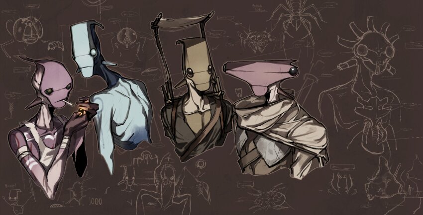 4boys arthropod_boy beep_(kenshi) blue_skirt brown_background bug collarbone colored_skin compound_eyes cropped_torso highres holding holding_lighter juerucj kenshi lighter lighting_cigarette male_focus mouth_hold multiple_boys no_humans purple_skin ribbon shoulder_blades skirt tube