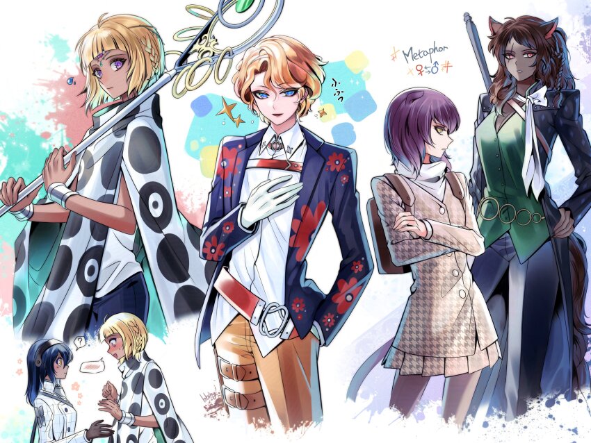 2boys 3girls animal_ears backpack bag basilio_(metaphor:_refantazio) bbing_(kurabe_juro) belt black_gloves black_hairband blonde_hair blue_eyes blue_hair blue_pants blunt_bangs bracelet braid brown_bag brown_dress brown_hair brown_pants buttons copyright_name crossed_arms dark-skinned_female dark-skinned_male dark_skin dress eupha_(metaphor:_refantazio) fidelio_(metaphor:_refantazio) flying_sweatdrops genderswap genderswap_(ftm) genderswap_(mtf) gloves grey_pantyhose hair_between_eyes hairband hand_in_pocket hand_on_own_hip highres jacket jewelry junah_(metaphor:_refantazio) long_hair long_sleeves metaphor:_refantazio multiple_boys multiple_girls orange_hair pants pantyhose poncho profile protagonist_(metaphor:_refantazio) purple_eyes purple_hair red_belt scar scar_across_eye scar_on_face shirt short_hair tail third_eye white_gloves white_hairband white_jacket white_shirt yellow_eyes