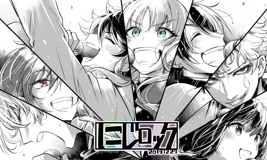 :d ^_^ absurdres arm_up blue_eyes blush character_request check_character closed_eyes dated facial_mark green_eyes grey_eyes hair_between_eyes hand_up highres holding holding_microphone joe_rikiichi microphone nijisanji ninahachi open_mouth parted_bangs purple_eyes saegusa_akina shirt smile sweat twitter_username v-shaped_eyebrows virtual_youtuber yumeoi_kakeru