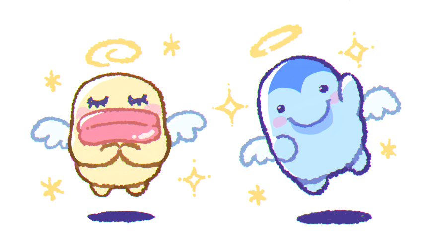 1119mna absurdres angel angel_wings blue_skin blush_stickers closed_eyes colored_skin commentary_request creature creature_focus ginjirotenshi halo highres no_humans simple_background sparkle tamagotchi tamagotchi_(classic) tamagotchi_(creature) taraten thick_lips traditional_halo waving white_background wings yellow_skin