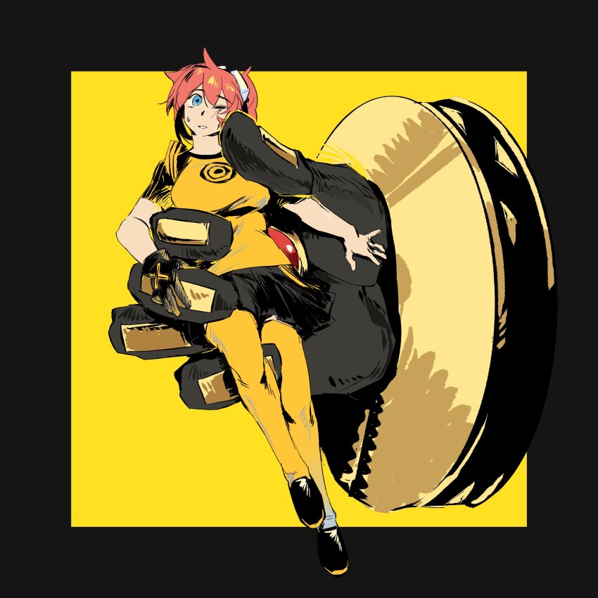 1girl absurdres aiba_ami alphamon black_border black_shirt black_skirt blue_eyes border breasts dawu233 digimon digimon_(creature) digimon_story:_cyber_sleuth giant_hand goggles goggles_on_head highres large_breasts miniskirt one_eye_closed pleated_skirt red_hair shirt simple_background skirt solo_focus thighhighs two-tone_shirt yellow_background yellow_shirt yellow_thighhighs