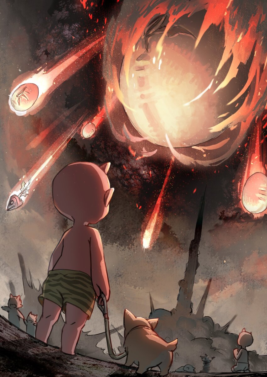 4boys absurdres apocalypse bald beans bizarre_rain burning child commentary_request corpse demon_boy dust_cloud explosion fish_head fleeing from_behind from_below highres holding holding_leash horns itinogi leash male_focus multiple_boys oni oni_horns original outdoors overcast pet_walking running setsubun short_hair sky smoke solo_focus standing tiger_stripes topless_male