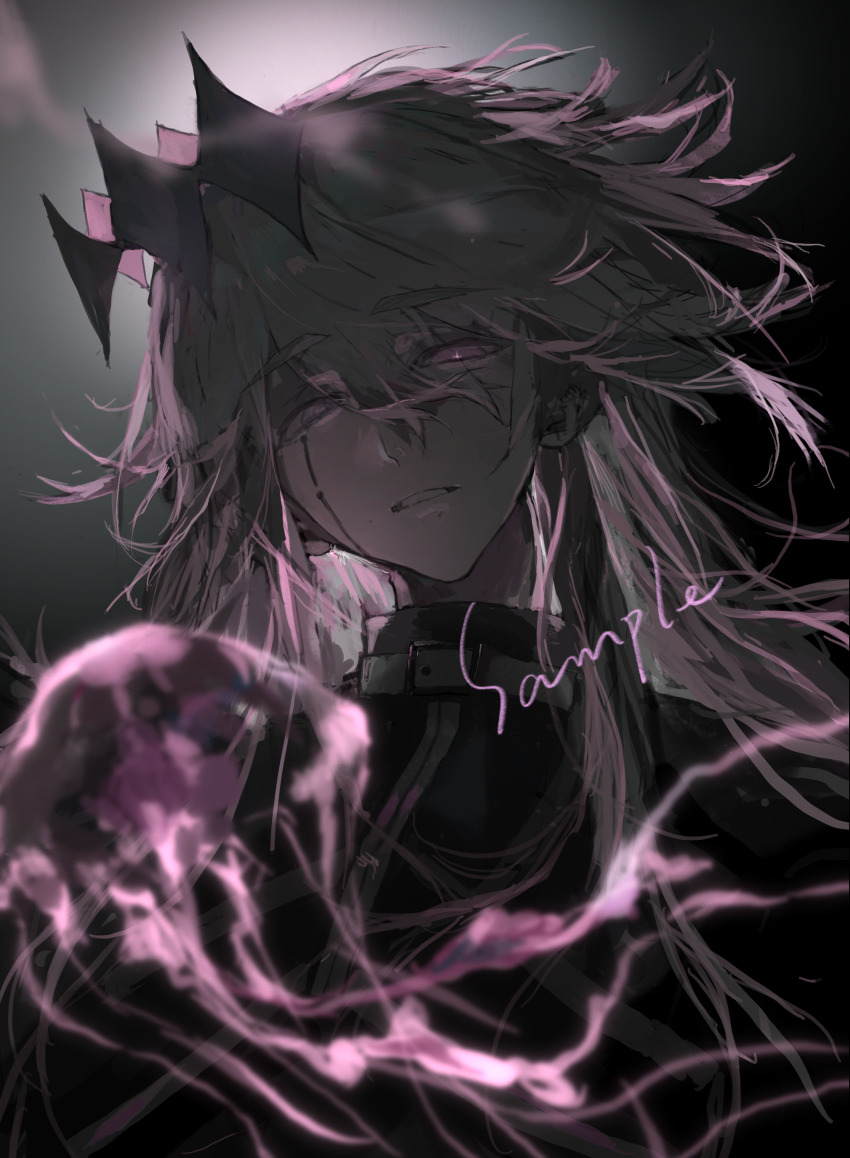 1girl absurdres black_background blurry blurry_foreground buckle commentary_request greyscale hair_between_eyes highres jacket jellyfish kuma_(yoooooooo152) long_hair looking_at_viewer monochrome original pink_eyes sample_watermark solo spot_color upper_body watermark