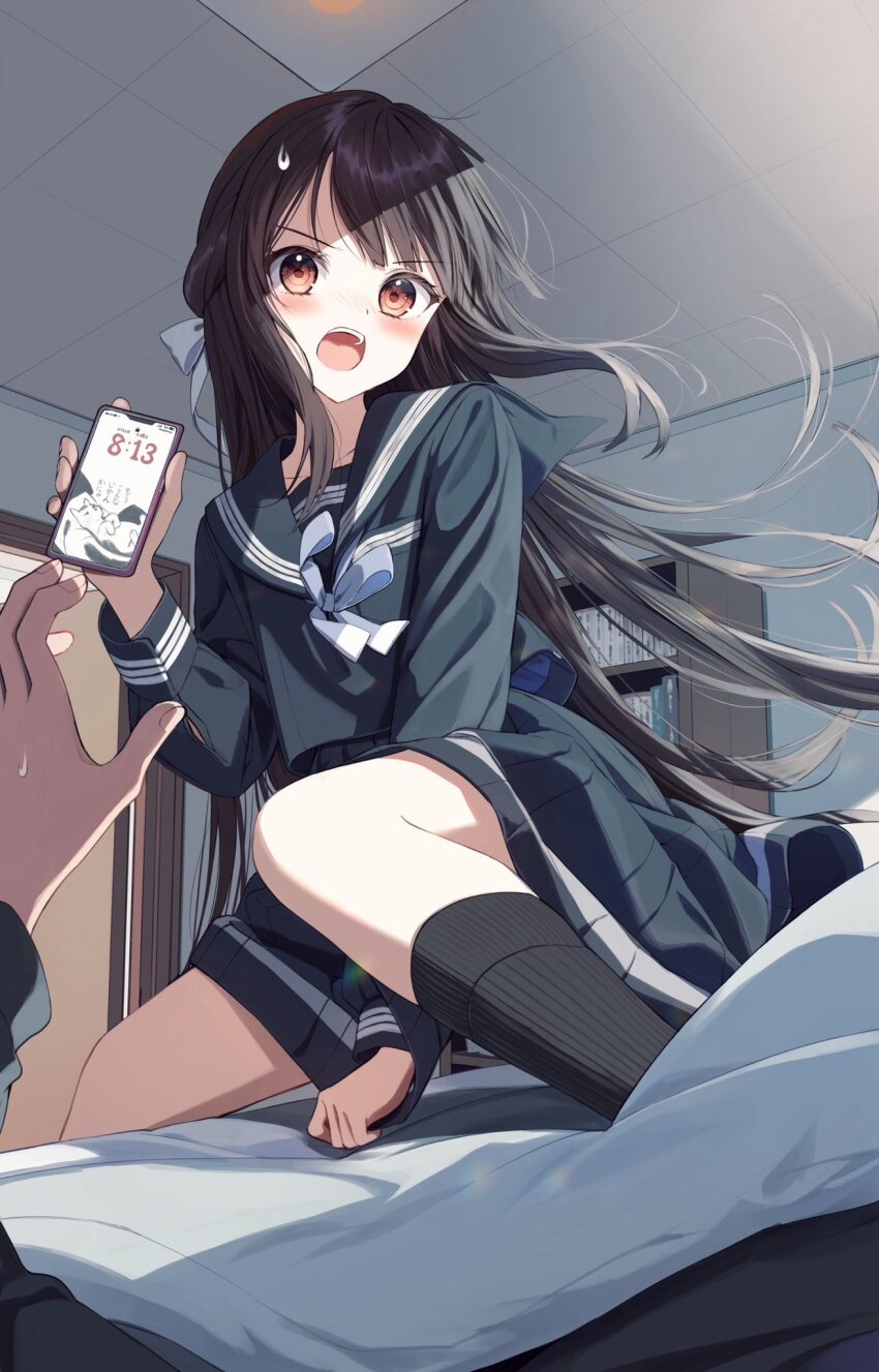 1boy 1girl black_sailor_collar black_shirt black_skirt black_socks blush bow brown_eyes brown_hair cellphone clothes_pull commentary_request frown full_body girl_on_top hair_bow half_updo highres holding holding_phone long_hair looking_at_viewer neckerchief on_bed open_mouth original osana_naruka pentagon_(railgun_ky1206) phone pov sailor_collar school_uniform shirt skirt skirt_pull smartphone socks teeth under_covers upper_teeth_only very_long_hair waking_another white_neckerchief wind