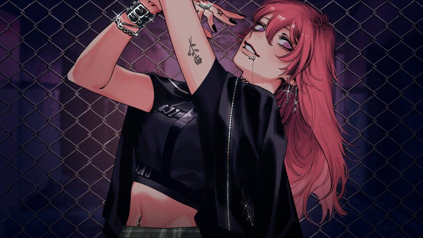 1girl absurdres arm_tattoo arm_up belt_buckle black_jacket black_nails black_shirt blurry blurry_background bracelet buckle chain-link_fence chest_harness closed_mouth commission crop_top double-parted_bangs ear_piercing earrings eyelashes eyeshadow fence film_grain finger_tattoo fingernails go_e_0000 grin hair_between_eyes hand_up harness highres jacket jacket_on_shoulders jewelry leaning_back lip_piercing lip_ring lips long_hair looking_at_viewer makeup mole mole_under_eye multiple_bracelets multiple_piercings multiple_rings navel navel_piercing nose original parted_hair parted_lips piercing pink_hair plaid_clothes plaid_legwear purple_eyes ring shirt short_sleeves skeb_commission smile snap-fit_buckle solo sparkle tattoo teeth wavy_hair wide_shot zipper