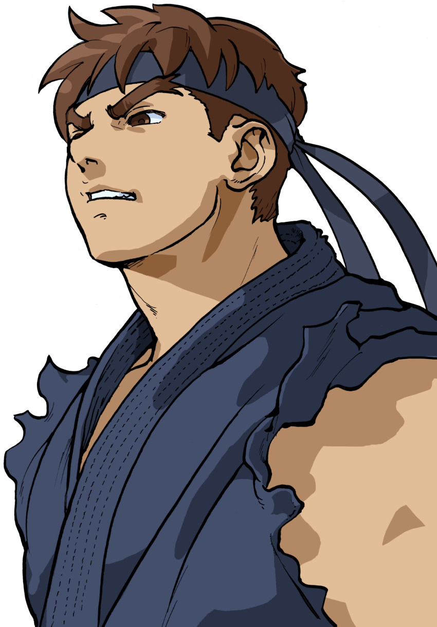 1boy absurdres angry bengus black_headband brown_eyes brown_hair clenched_teeth dark_persona dougi evil_ryu game_cg headband highres male_focus muscular non-web_source official_art open_mouth ryu_(street_fighter) short_hair simple_background solo street_fighter street_fighter_zero_(series) teeth v-shaped_eyebrows white_background