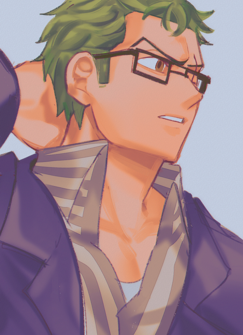 1boy arm_behind_head black-framed_eyewear black_jacket brown_eyes collarbone collared_shirt commentary_request glasses green_hair grey_background highres jacket long_sleeves looking_to_the_side male_focus official_alternate_costume one_piece one_piece_film:_z open_clothes open_jacket pandar_op parted_lips roronoa_zoro shirt short_hair solo striped_clothes striped_shirt upper_body
