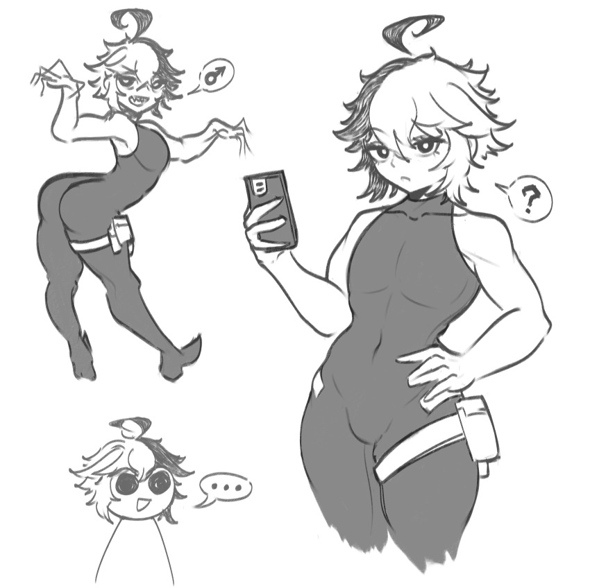 ... 3boys ? androgynous arms_at_sides ass bare_shoulders belt_pouch black_bodysuit black_eyes black_hair bodysuit bulge exposed_muscle eyelashes feet_out_of_frame full_body greyscale hair_between_eyes hand_on_own_hip highres holding holding_phone huge_ass jumpsuit leaning leaning_forward looking_at_viewer male_focus mars_symbol medium_hair midriff monochrome multicolored_hair multiple_boys multiple_views navel open_mouth original outstretched_arms phone pouch sharp_teeth short_hair shoulder_peek sketch skin_tight spandex speech_bubble spoken_ellipsis spoken_question_mark spread_arms stomach teeth trap upper_body v_(voidsenight) voidsenight white_background white_hair