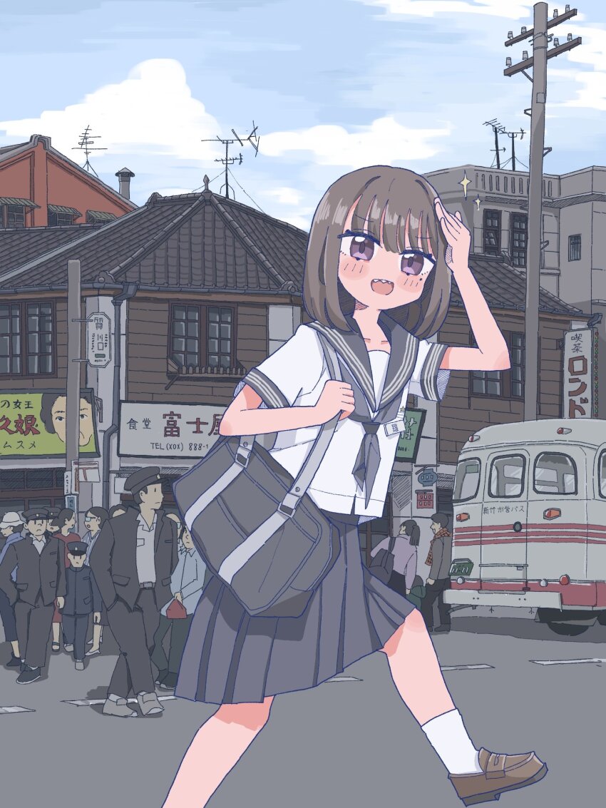 1975 bag black_jacket black_pants blue_hat blue_jacket blue_pants blush brown_footwear building bus cityscape collarbone crowd grey_bag grey_hair grey_neckerchief grey_sailor_collar grey_skirt hand_on_own_head hands_in_pockets hat highres hiyohiyomi holding holding_bag jacket loafers long_hair looking_at_viewer medium_hair motor_vehicle multiple_boys multiple_girls neckerchief open_clothes open_jacket open_mouth original pants plaid_clothes pleated_skirt ponytail radio_antenna red_scarf road road_sign sailor_collar scarf school_uniform serafuku shirt shoes short_hair shoulder_bag sign skirt socks solo_focus sparkle street utility_pole walking white_shirt white_socks
