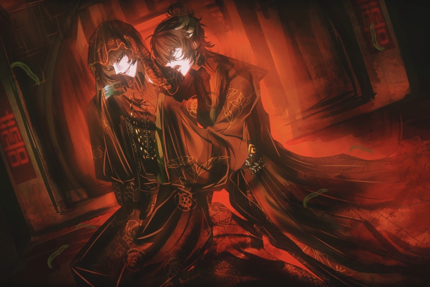 1boy 1girl absurdres alternate_costume black_coat black_eyes black_hair blunt_bangs brother_and_sister chinese_commentary coat colored_extremities commentary_request hair_rings highres long_hair long_sleeves moyu_shuang multiple_girls naihe_(female)_(touqi_guaitan) open_mouth red_coat red_theme red_veil siblings single_hair_ring smile touqi_guaitan twins veil wide_sleeves wu_song_(male)_(touqi_guaitan)