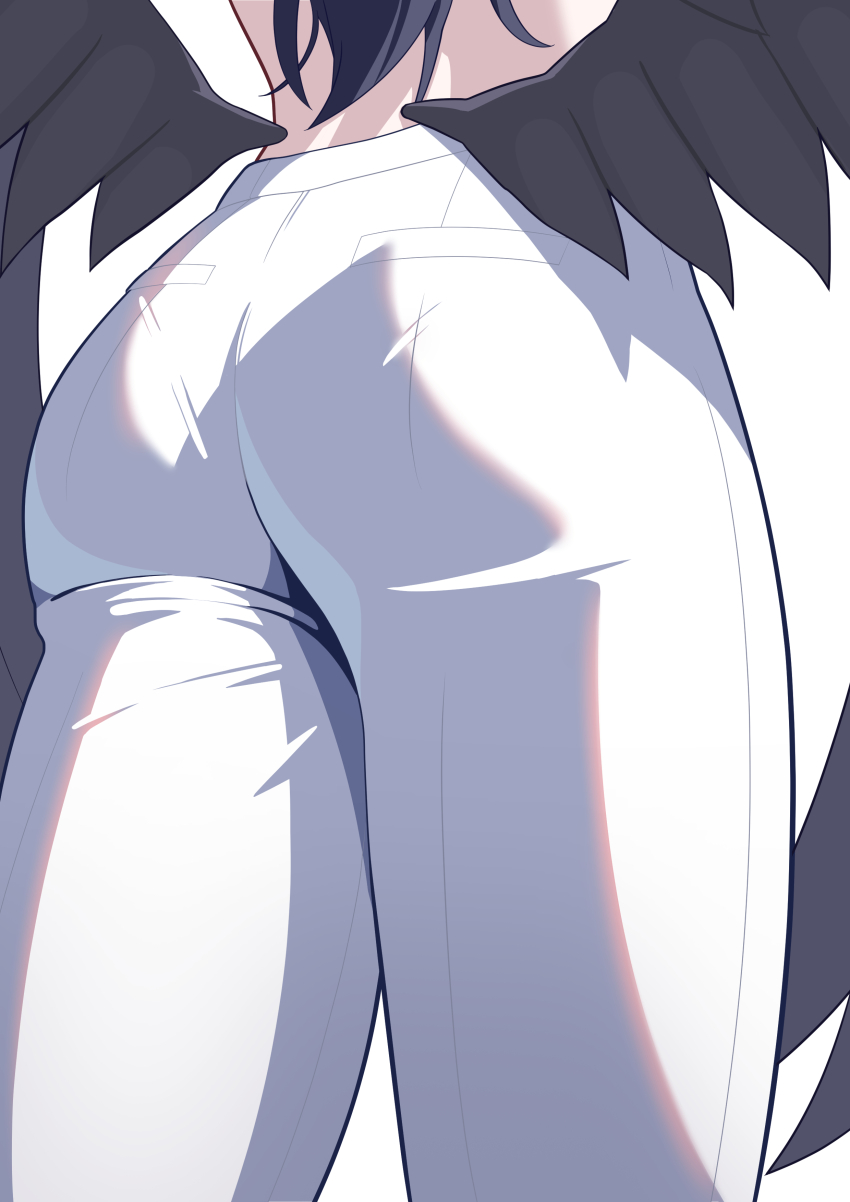 1girl absurdres ass ass_focus black_hair black_wings blue_archive feathered_wings from_behind highres ichika_(blue_archive) ichika_(suit)_(blue_archive) long_hair low_wings lower_body pants schwarz_rubin simple_background solo white_background white_pants wings